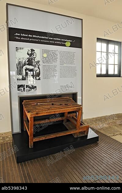 Whipping bench in the prisoners' washroom at Dachau Concentration Camp, Dachau, near Munich, Bavaria, Germany, Europe.