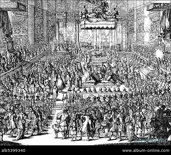 Historic drawing, the coronation ceremony of William III. of Orange-Nassau, 1650 - 1702, at Westminster Abbey on 21st April 1689, governor of the Netherlands and King of England, Scotland and Ireland.