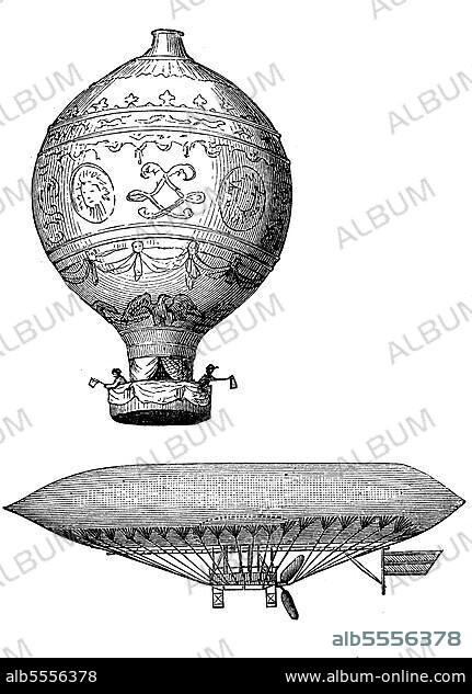 Luftfahrt: Der historische Ballon der Brüder Montgolfier und das Luftschiff von Paul Haenlein, Aviation, digital restaurierte Reproduktion einer Originalvorlage aus dem 19. Jahrhundert, Originaldatum nicht bekannt.