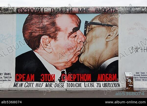 Dimitrij Vrubel, Fraternal kiss between Leonid Brezhnev and Erich Honecker, East Side Gallery, Berlin Wall art, Germany, Europe.