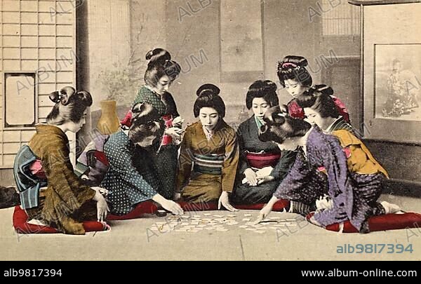 Girls playing Uta-Garuta; a Japanese card game whose cards are based on the poems of the anthology Hyakunin Isshu; c. 1900; Japan; Historical; digitally restored reproduction from a 19th century original; Asia.