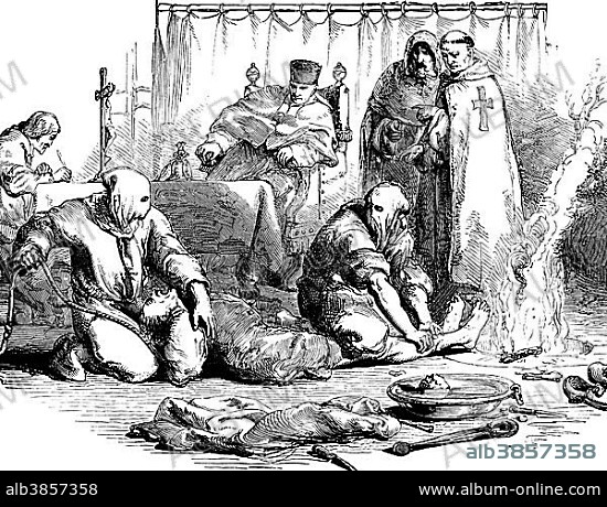 Inquisition, the cruel torture methods of the Church in the 16th century, from "The Rise of the Dutch Republic", 1880.