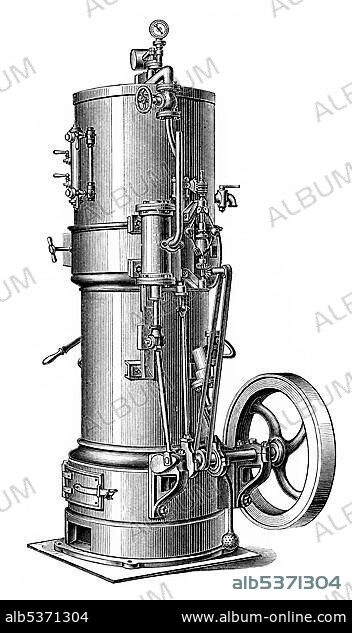 Historical graphic representation, technical drawing, vertical boiler steam engine, steam engine, piston heat engine, piston heat engine, the contained thermal energy or pressure contained in steam is transformed into mechanical work, 19th Century, from Meyers Konversations-Lexikon encyclopaedia, 1890.