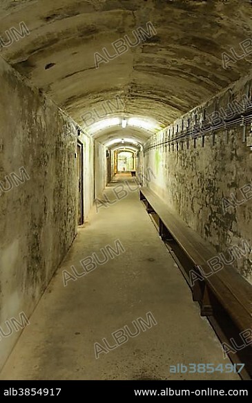An air raid shelter with benches, bunker, Helgoland, Schleswig-Holstein, Germany, Europe.