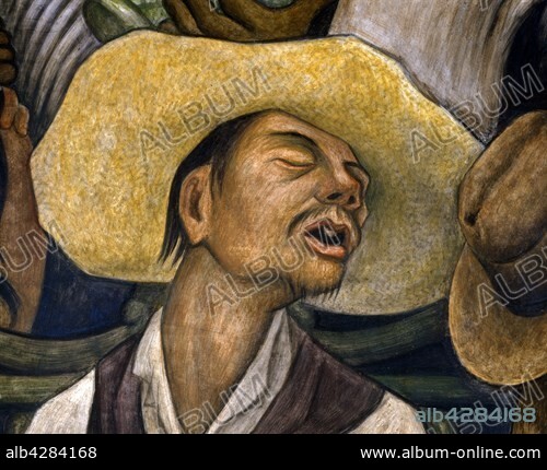 Diego Rivera. Mexican school . Diego's Dream or Dream of a Sunday Afternoon in Alameda Central (Sueno de una tarde dominical en la almeda central). Detail: Sleeping Indian . Fresco (4 x 15 m.). Museo Mural Diego Rivera, Mexico . Diego Rivera (Guanajuato, 1886 - San Angel, 1957). . The fresco decorated the main hall of the former Hotel de Prado, situated near the town's main park.. These photographic works are protected by legislation concerning literary and artistic property in all countries. Royalties are handled by ADAGP. To publish or diffuse these photographs, you must imperatively obtain the authorization of ADAGP or its correspondents abroad and to pay corresponding royalties. If you download this image in high definition, your postal address, telephone number and e-mail address will automatically be forwarded to ADAGP.. ADAGP - 11,rue Berryer - Paris. Tel. : (33) 1 43 59 09 79. Fax : (33) 1 45 63 44 89. E-mail : adagp@adagp.fr. Web : http://www.adagp.fr.