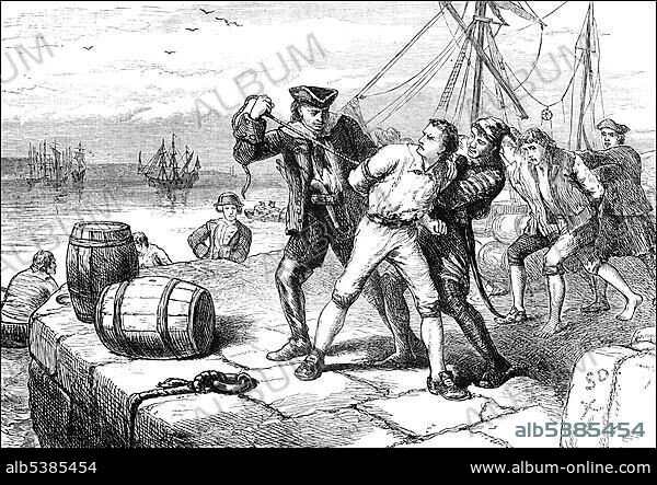 Historical scene, US-American history, 18th century, Sir Charles Knowles, 1st Baronet of Banbury, 1704 - 1777, a British admiral, in Boston, New England, Massachusetts, USA, North America.