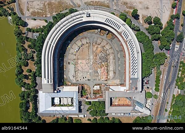 Aerial view of unfinished Congress Hall of the NSDAP in the Third Reich, bottom left Serenade Court and Concert Hall of the Nuremberg Symphony Orchestra, right Documentation Centre on the Nazi era under Adof Hitler, Nuremberg, Middle Franconia, Franconia, Bavaria, Germany, Europe.
