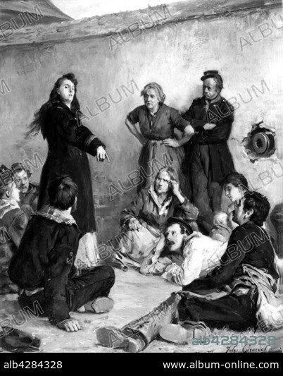 Louise Michel talking to a group of Communards.. Painting by Jules Girardet. 1871. France - Paris Commune. Musée de Saint-Denis.