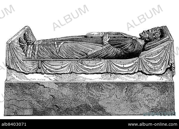 Tomb of Richard the Lionheart, 8 September 1157, 6 April 1199, Richard I King of England, in Fontevraud Abbey, Abbaye royale Notre-Dame de Fontevraud, 1869, France, Historic, digitally restored reproduction of a 19th century original, exact original date unknown, Europe.