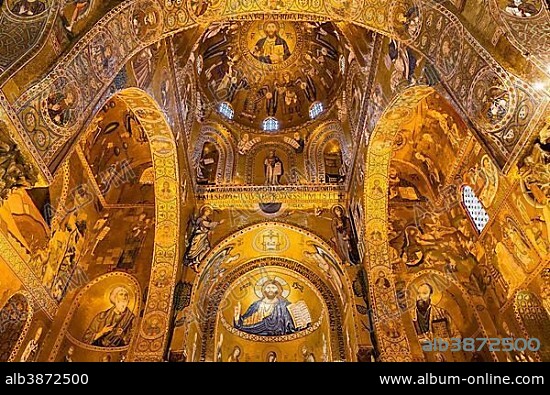 Byzantine mosaic of Christ Pantocrator in the apse and dome, presbytery of Cappella Palatina, Palatine Chapel of the Palace of the Normans or Royal Palace of Palermo, Palermo, Sicily, Italy, Europe.