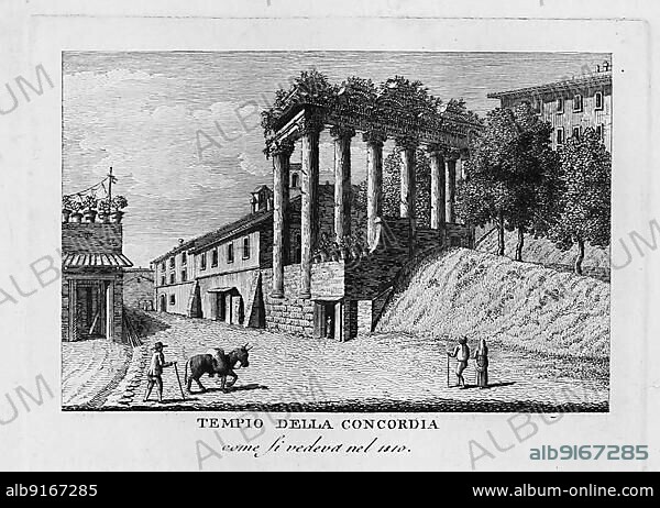 Temple of Concordia in Rome is located on the western narrow side of the Roman Forum next to the Temple of Vespasian, Tempio della concordia, Italy, digitally restored reproduction from Vedute principali e piu interessanti di Roma by Giovanni Battista, 1799, Europe.