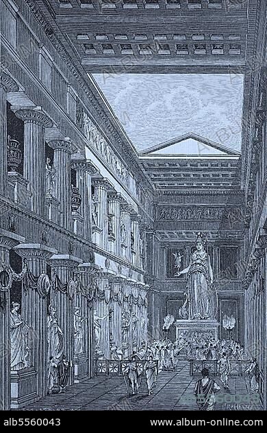 Die Statue der Athena Parthenos von Pheidias in der Cella des Parthenon, Griechenland, Rekonstruktion von G. Rehlender, digitale verbesserte Reproduktion eines Originaldrucks aus dem 19. Jahrhundert.
