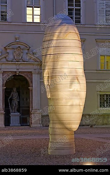 Marble sculpture "Awilda" by the Catalan artist Jaume Plensa, Dietrichsruh-Platz square of the University of Salzburg, at dusk, Sigmund-Haffner-Gasse, Altstadt, Salzburg, Salzburg State, Austria, Europe.