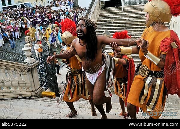 Suffering Jesus Christ on the Way of the Cross, open-air performance on Good Friday, Salvador, Bahia, Brazil, South America.