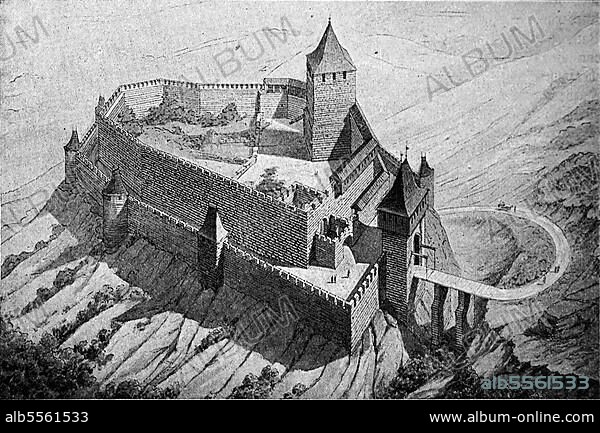 Deutsche Ritterburg im 12. Jahrhundert, Burg Landeck bei Klingenmünster in der ursprünglichen Gestalt, digital restaurierte Reproduktion einer Originalvorlage aus dem 19. Jahrhundert.