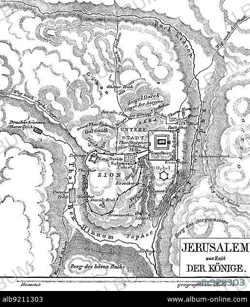 Jerusalem in the time of the kings, map, rivers, Kidron, valley, Ben Hinnom, mountains, Temple Mount, Lower City, Hill Gareb, Zion, David's Tomb, Castle of David, Solomon's Palace, Akba, Lower Pond, Upper Pond, Jericho Way, Dragon Well, scale, geographical mile, hatchings, Bible, Old Testament, Second Book of Samuelis, chapters, historical illustration c. 1850, Middle East.
