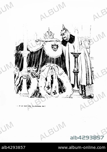 JULES-ABEL FAIVRE. Caricature by Abel Faivre (1867-1945). 'HE died with his crown' (Wilhelm II after the death of Franz of Austria). France - World War I. Vincennes. War museum.. These photographic works are protected by legislation concerning literary and artistic property in all countries. Royalties are handled by ADAGP. To publish or diffuse these photographs, you must imperatively obtain the authorization of ADAGP or its correspondents abroad and to pay corresponding royalties. If you download this image in high definition, your postal address, telephone number and e-mail address will automatically be forwarded to ADAGP.. ADAGP - 11,rue Berryer - Paris. Tel. : (33) 1 43 59 09 79. Fax : (33) 1 45 63 44 89. E-mail : adagp@adagp.fr. Web : http://www.adagp.fr.