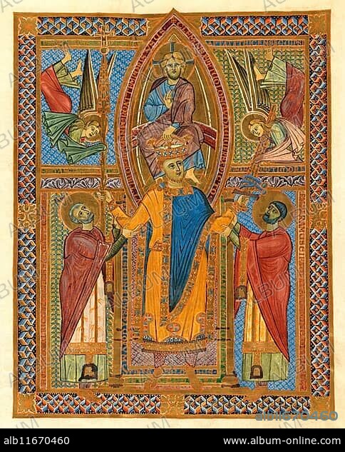 Regensburger Sakramentar, the Sacramentary of Henry II, 973 – 1024, Holy Roman Emperor, crowned by Christ himself, together with Emmeram von Regensburg and Ulrich von Augsburg.