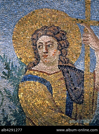 Mosaic of the Mausoleum of Galla Placidia in Ravenna, Italy.. Lunette of the Christ as the Good Shepherd.. 5th century. The Mausoleum of Galla Placidia was built around 430 (early Christian times).. The construction of the Roman catholic funeral monument and Byzantine style was decided by Empress Galla Placidia.