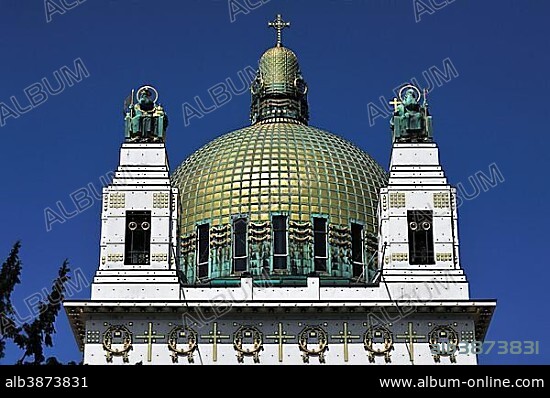Dome of the Church of St. Leopold at Steinhof Psychiatric Hospital, statues of the preacher Severin, right, and St. Leopold, left, built 1904-1907, designed by Otto Wagner, important building of the Viennesse Art Nouveau,, Vienna, Vienna State, Austria, Europe.