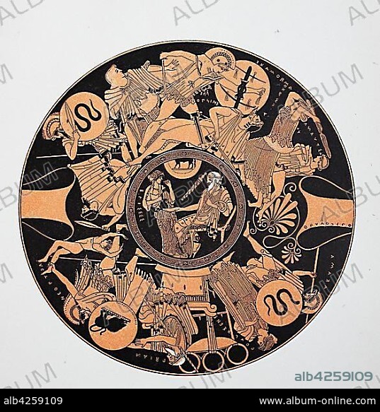 A Greek vase, outside it shows the final battle in Troy and in the round inside picture it represents the aged Peleus, Greek mythology, 1880, illustration, Greece, Europe.
