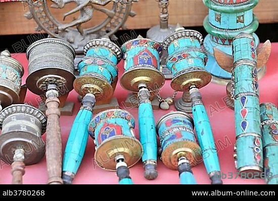 Prayer wheels, souvenirs, Kathmandu, Nepal, Himalaya, Asia.