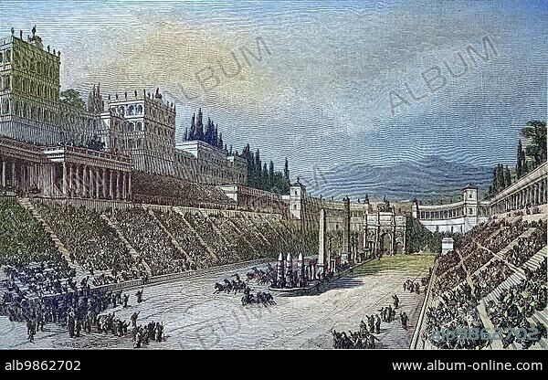 Circus Maximus, Italian Circo Massimo, was the largest circus in ancient Rome, reconstruction by G. Rehlender, digitally enhanced reproduction of an original print from the 19th century.
