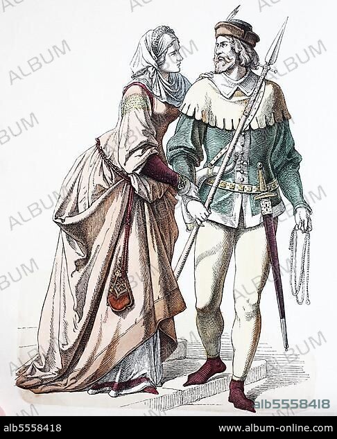 Folk traditional costume, clothing, history of costumes, German castle woman and knight in hunting dress, 1350, Germany, Historical, digitally restored reproduction of a 19th century original, Europe.