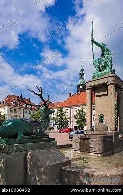 Diana Fountain on the market square in Großenhain, The fountain, crowned with the Greek goddess of the hunt, was inaugurated in 1916 as a reminder of the par force hunts in the fields of Großenhain.