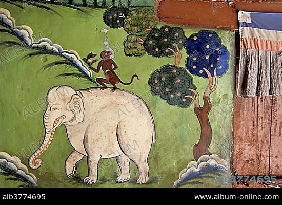 Monkey sitting on a white elephant, wall painting or fresco, Tibetan Buddhist Likir Monastery, Ladakh, Jammu and Kashmir, North India, India, Asia.