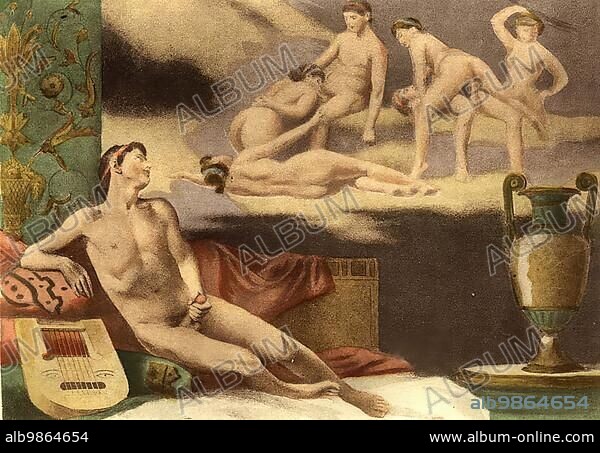 Man Masturbating in Front of an Erotic Painting, Erotic illustration by Edouard-Henri Avril (21 May 1849 - 1928), a French painter and graphic artist, under the name Paul Avril he became known as an illustrator of erotic to pornographic novels, Historical, digitally restored reproduction from a 19th century original.