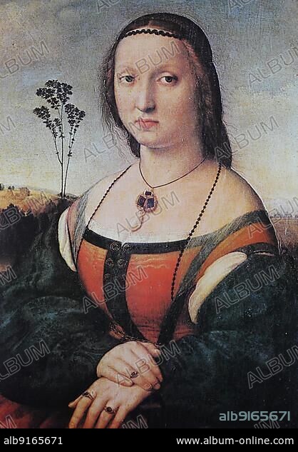 Portrait of Maddalena Doni, by Raffaello Sanzio da Urbino, also Raffael da Urbino, Raffaello Santi, Raffaello Sanzio, Raffael, Italian painter, Italy, digitally restored reproduction of a work of art (public domain) from c. 1500, Europe.