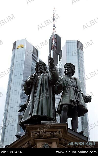 Johannes Gutenberg monument on the Rossmarkt square with the headquarters of the Commerzbank bank in Frankfurt, Hesse, Germany, Europe.