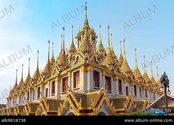 The Buddhist temple Wat Ratchanatdaram in the central district of Bangkok. The Loha Prasat; which means iron castle or iron monastery; situated in the central district of Bangkok.