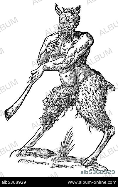 Woodcut, Satyri figura altera cum tauba, satyr with goat's legs, hooves and horns playing the flute, Aldrovandi, Historia Monstrorum, 1642, Renaissance.