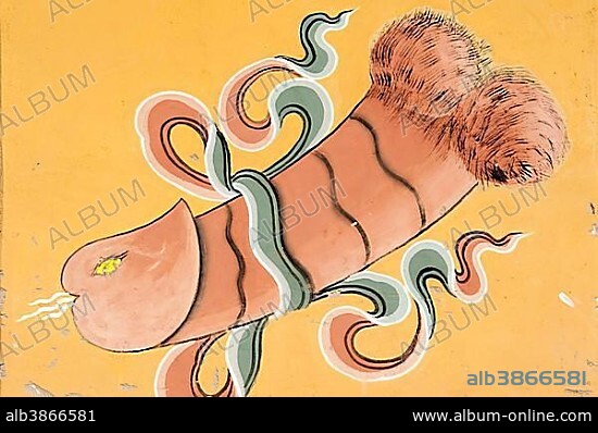 Wall painting, phallus, erect penis with ribbon and an eye, Chimi Lhakhang-Monastery of the Holy Drupka Kinley, Drukpa Kunley, Metsina near Punakha, the Himalayas, Kingdom of Bhutan, South Asia, Asia.