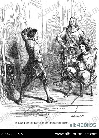 The Three Musketeers. D'Artagnan, Athos and Porthos. Engraving, 19th century . Alexandre Dumas. Private collection.