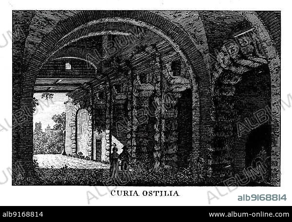 Curia Hostilia, next to the Comitium on the Roman Forum was a meeting place of the Roman Senate in the Roman Republic, Rome, Italy, digitally restored reproduction from Vedute principali e piu interessanti di Roma by Giovanni Battista, 1799, Europe.