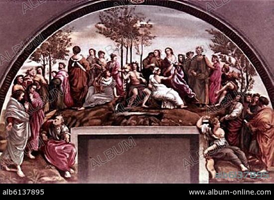 RAFAEL SANZIO O RAFAEL DE URBINO. PINTURA AL FRESCO DE LA ESTANCIA DEL SELLO QUE REPRESENTA EL PARNASO, PRIMERA OBRA DE RAFAEL EN EL VATICANO.