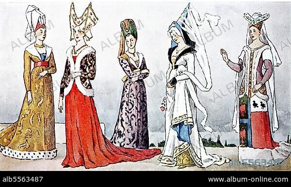 Kleidung, der ersten Hälfte des 15. Jahrhunderts, Hofdamen, vornehme französische Damen langem und auf dem Kopf der Henn, digital verbesserte Reproduktion eer Illustration aus dem 19. Jahrhundert, Mode in Frankreich.