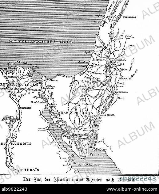 The migration of the Israelites from Egypt to Canaan; Old Testament; Bible; Migration; Map; Sinai Peninsula; mouth of the Nile; Jerusalem; Damascus; historical illustration 1890.