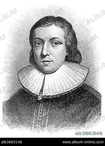 Historical engraving, portrait of John Milton, 1608 - 1674, an English poet and political philosopher.