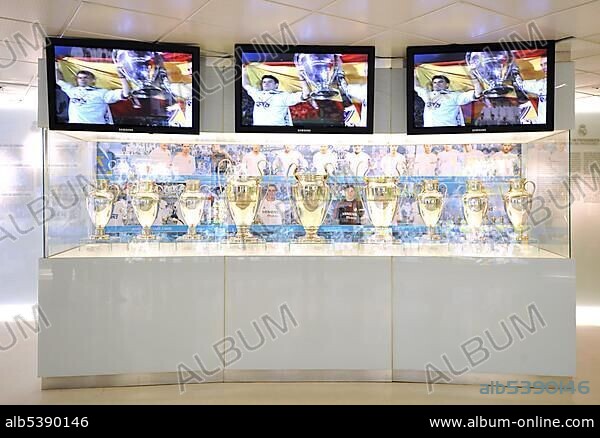 Display cabinet, exhibition, museum, Estadio Santiago Bernabeu stadium, football venue of Real Madrid, Chamartin district, Madrid, Spain, Europe.