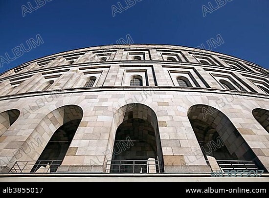 NSDAP congress hall of 1933-1945, partial view, arcades and granite façade, documentation centre, Nazi Party Rally Grounds, Nuremberg, Middle Franconia, Bavaria, Germany, Europe.