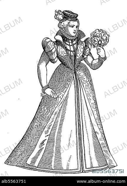 Italienische Dame aus Ferrara, 1570, Geschichte der Mode, Kostümgeschichte, Historisch, digital restaurierte Reproduktion einer Originalvorlage aus dem 19. Jahrhundert, genaues Originaldatum nicht bekannt.