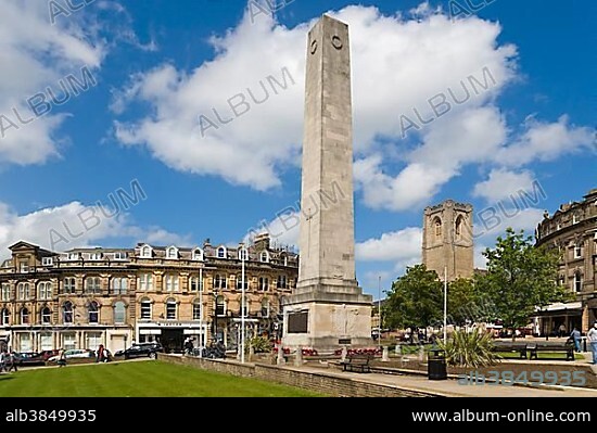 Harrogate's Cenotaph or War Memorial and St Peter's Church, Cambridge Crescent, Harrogate, North Yorkshire, England, United Kingdom, Europe.