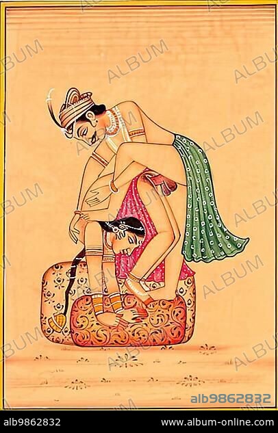 Depiction of an erotic scene, love scene, sex, in sex in acrobatic position, of a 19th century edition of the Kama Sutra, textbooks on eroticism, India, Arabia, Historical, digitally restored reproduction of an original from the period, Asia.