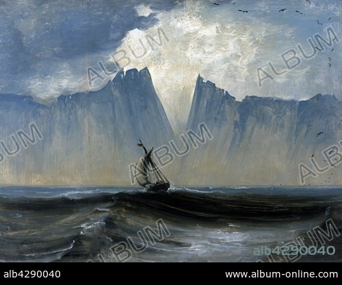Peder Balke . Norwegian school. Balke, Boat "Sexring" near the municipality of Stegen . Oil on card (0.28 x 0.37 m.). Musée du Louvre, Paris. Peder Balke (Hedermarken, 1804 - Christiana, 1887). . Outline of a series of Nordic landscapes commissioned by Louis-Philippe as a momento of his 1795 voyage to Lapland.