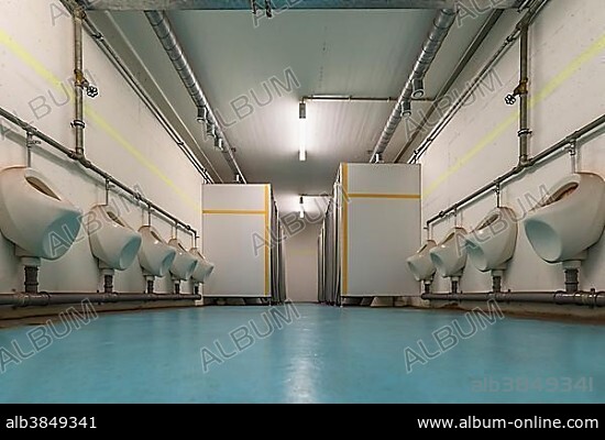 Men's toilet room in the decommissioned nuclear bunker, built for 2,400 people in the 1970s underneath Nuremberg Central Station, Nuremberg, Middle Franconia, Bavaria, Germany.