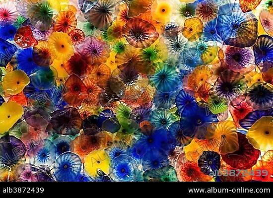 Colourful hand blown glass flowers, lobby ceiling in Bellagio Hotel, Las Vegas, Nevada, USA, North America.